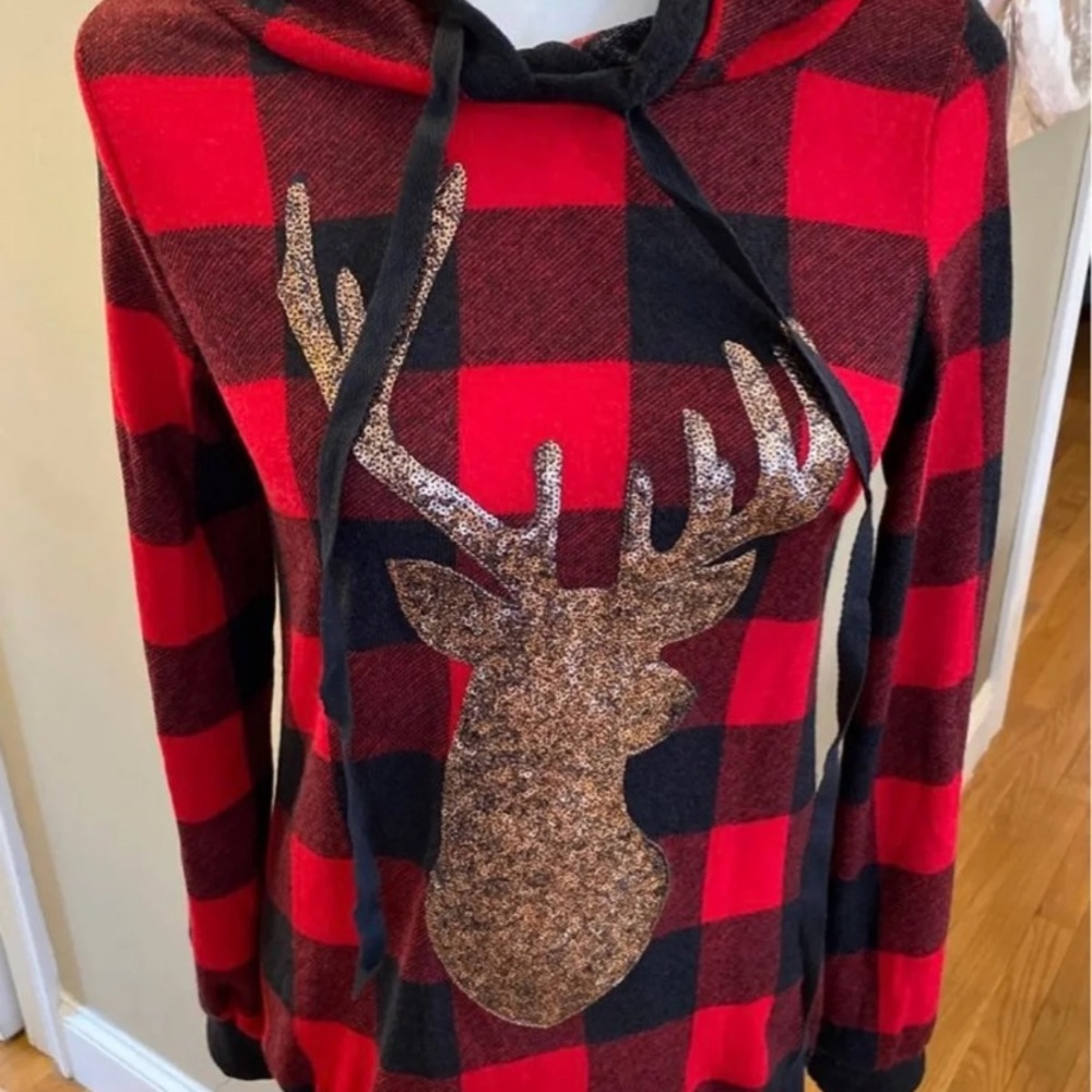 Buffalo plaid gold reindeer hoodie. Size small - Picture 3 of 4